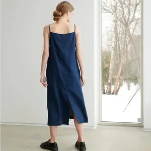 OEM Cheap Chic Summer A-Line Sleeveless Solid Loose Modest Halter Neck Casual Midi Blue Women's Linen Cotton Dress High Quality