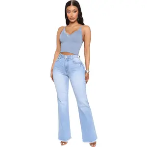 אור כחול מכנסיים מתרחבים מכנסיים זיף בנות ג 'ינס מכנסיים נשים ינס מגפי דחיסה ללבוש בציר - Product Image 1