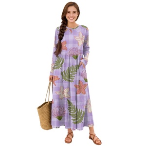 Elegante Abito Lungo a Maniche Corte con Collo Rotondo per Donna (Stampato su Richiesta) Stampa floreale hawaiana personalizzata. - Product Image 1