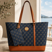 Sac fourre-tout en jean à motifs pour femme avec garniture en cuir, fermeture éclair, imperméable, grande capacité, sac à bandoulière, ensemble de deux sacs à main