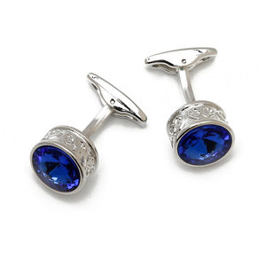 Boutons de manchette ronds de style français vintage pour homme avec cristaux bleus, boutons de manchette de luxe tendance - Product Image 3