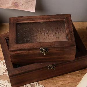 Wooden <b>Storage</b> Box Rectangular Flip Top Engraved Glass Lid Jewelry Organizer Desktop Decorative Box For <b>Dressing</b> <b>Table</b> - Product Image 2