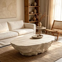 Table basse en travertin naturel à bords bruts, table centrale en pierre irrégulière, table basse design Wabi Sabi pour la maison et le salon