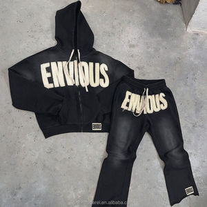 Conjunto de Chándal de Dos Piezas para Hombre, Personalizado, de Tela Gruesa, con Parches Bordados y Pantalones Deportivos con Efecto Desgastado y Sudadera con Capucha Lavada al Ácido - Product Image 1
