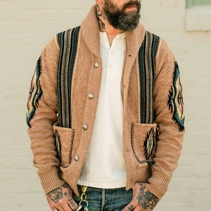 Vintage Aztec Patroon Jacquard Knoopsluiting Sjaal Kraag Gebreide Heren Gebreide Vest Trui Met Zakken - Product Image 6