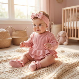 Conjunto de Punto Fino 100% Algodón, Nuevo Estilo Elegante, Mono con Doble Volante en la Cintura <span class=keywords><strong>para</strong></span> Niña Recién Nacida y Bebé, Suéter Tejido - Product Image 2