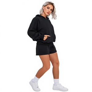 Women's Winter Solid Black Long Sleeve Casual Pullover Hoodie Shorts <b>Twin</b> <b>Set</b> OEM ODM Wholesale Eco-Friendly Breathable Apparel - Product Image 1