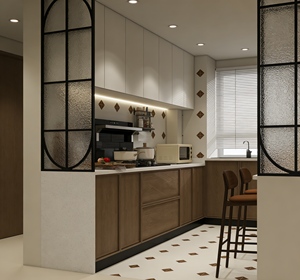 เฟอร์นิเจอร์ตู้ครัวทันสมัยแบบสองสีสั่งทำพิเศษจาก BALOM - ตู้ครัวดีไซน์หรูหราพร้อมชั้นวางของสีขาวด้านบนและสีไม้ด้านล่าง - Product Image 3