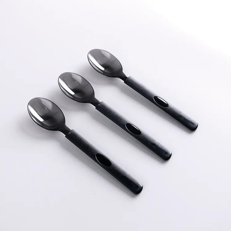 Heavy Duty Disposable Long Handle Black Plastic Spoon, Heavyweight Disposable Spoon Dessert Spoon Plastic