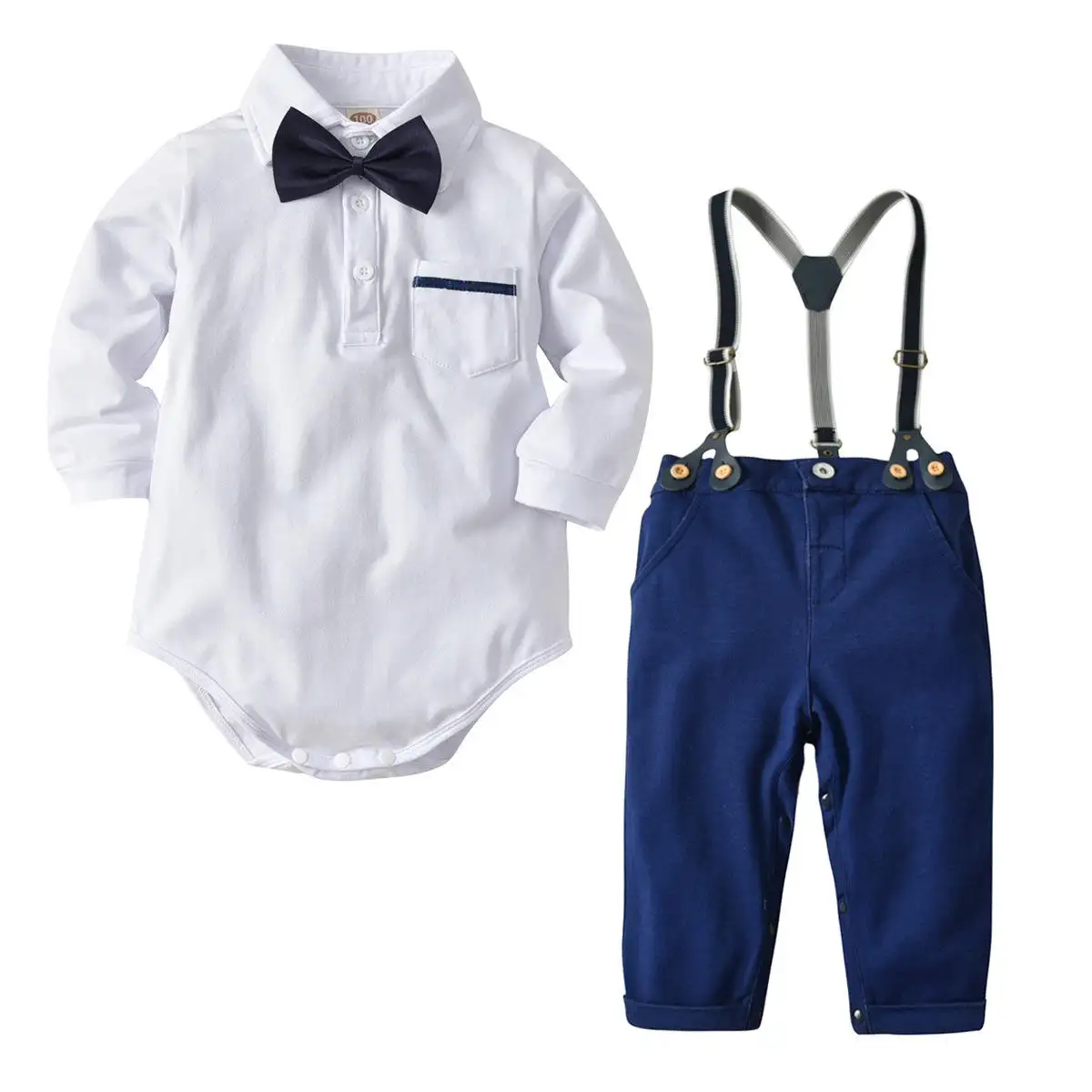 ที่กําหนดเองเด็กทารกฤดูใบไม้ร่วงหลวมกางเกงสูทสุภาพบุรุษ Bow Tie ผ้าฝ้ายทารก Romper ชุดทารกเกิดใหม่ผลิตภัณฑ์เด็กบริการ Oem