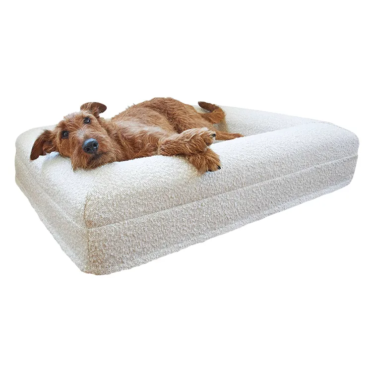 Venta al por mayor, cama para perros respetuosa con el medio ambiente, espuma ortopédica, refuerzo de cuello suave, protege las articulaciones, cama de lujo para perros Boucle