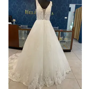 Lấp lánh chất lượng cao ren Wedding Dress Spaghetti dây đai sexy V cổ xem qua 2024 Wedding Dresses mẫu thực