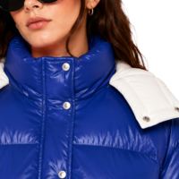 Veste matelassée bicolore brillante pour femme, bleu cobalt, isolée, à capuche, pour l'hiver, avec fermeture à pression, poche cargo