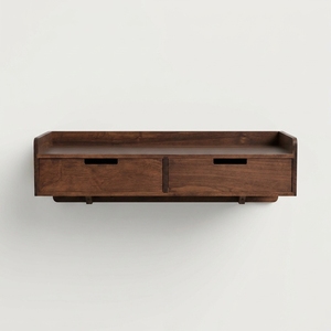 Morden Dark <strong>Walnut</strong> <strong>Floating</strong> Wall <strong>Shelf</strong> with Built-in Drawer Stylish Wall-mounted Storage Unit Doubles As Compact Console Table - Product Image 1
