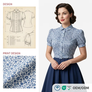 Blusa con Lazo en el Cuello y Estampado Digital Personalizado OEM, con Efecto de Fruncido en el Busto y Cintura Estructurada, Estilo Vintage Retro para Mujer - Product Image 4