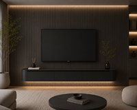 Meuble TV mural incurvé moderne avec éclairage LED intégré, finition noir mat, support mural suspendu avec lumière LED chaude