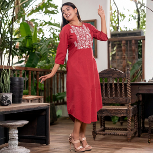 Vestido Midi Elegante de Lino con Bordado Floral y Dobladillo Curvo, Rojo, Duradero y de Primera Calidad, al por Mayor - Product Image 6