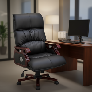 Sedia da Ufficio in Vera Pelle Nera con Funzione Massaggio, Sedia Direzionale Regolabile con Poggiatesta Integrato e Base Girevole per Uso Ufficio - Product Image 2