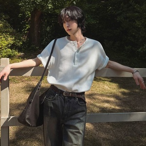 T-shirt en coton uni à col <span class=keywords><strong>Henry</strong></span> MYQ pour homme, manches courtes, style coréen décontracté, coupe ample, idéal pour l'été, style <span class=keywords><strong>Old</strong></span> Money, tendance - Product Image 2
