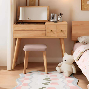 <b>Solid</b> Oak <b>Wood</b> Convertible <b>Dressing</b> <b>Table</b> Lighted LED USB Charging Port Flip Cover Makeup Cabinet Silent Wind Design Bedroom - Product Image 3