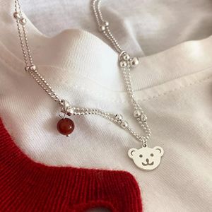 Collar con colgante de oso de doble capa de plata de ley S925 con ágata roja para mujer, joyería elegante para regalo - Product Image 3