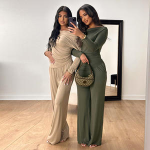 Printemps automne femmes tenues décontractées vêtements de salon ensembles personnalisé col incliné plissé irrégulière haut deux pièces pantalon ensemble - Product Image 1