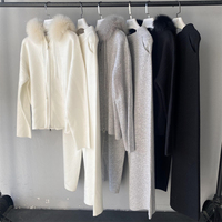 Celana panjang kaki lebar musim gugur musim dingin Hoodie rajut wol elegan kardigan ritsleting kerah bulu rubah asli mewah Set Sweater dua potong untuk wanita