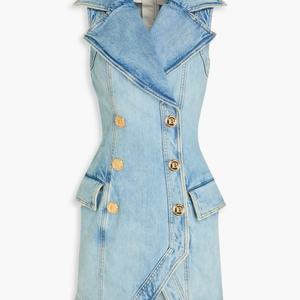 Vestido vaquero asimétrico de verano para mujer, sin mangas, con bolsillos, cuello vuelto vintage, estilo boutique, minivestido de moda para dama. - Product Image 4