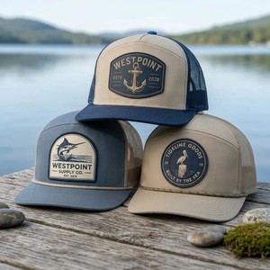 Casquette de camionneur personnalisée bleue à visière plate en maille avec détail corde et logo brodé, casquette de pêche d'extérieur, vente en gros - Product Image 6