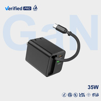 Chargeur mural rapide USB-C GaN 35W TKT avec câble intégré et port USB-A, adaptateur d'alimentation pour téléphone portable et ordinateur portable, certifié CE RoHS, chargeur en vrac