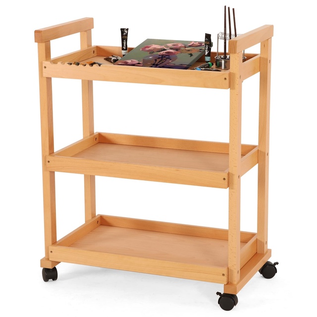 Art Cart Storage Organizer 3-Tier Solid Beech Wood Rolling Utility Cart with Caster Wheels Multifunctional Art Supplies Craft Ca