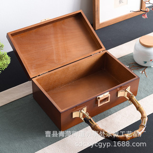 Caja de Almacenamiento Portátil de Madera, Rectangular, 9.5cm de Alto, Caja de Regalo de Madera Maciza con Asa de Bambú - Product Image 3