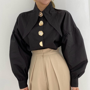 パッチワークソリッドレディースブラウス バブルスリーブブラウストップス 女性用 - Product Image 3