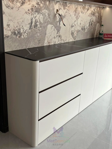 Aparador de <span class=keywords><strong>Comedor</strong></span> Moderno Minimalista de Madera con Iluminación LED Integrada, Vitrina de Vidrio, Diseño Modular sin Tiradores - Product Image 5