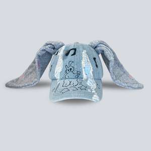 หมวกเบสบอลสำหรับเต้นแนวสตรีทฮิปฮอปทำมือมีรูผ้าเดนิมหูกระต่าย - Product Image 2