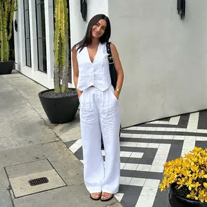 Atacado Mulheres Outfit Algodão E Linho Colheita Tops Colete E Calças 2 Piece Sets