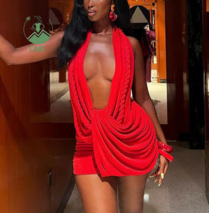 Nouvelle robe courte pour femmes Sexy Deep V Halter Neck Backless Hip Ficelle Mini Robes - Product Image 2