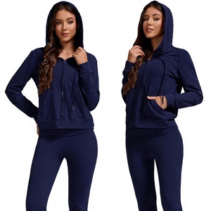 Ensemble de survêtement bleu marine pour femme, tenue de sport décontractée élégante, sweat à capuche zippé et pantalon de jogging assorti, vêtements de sport - Product Image 1