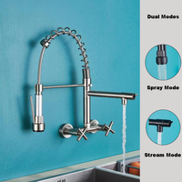 Robinet de cuisine mitigeur d'évier à double poignée à montage mural noir or argent avec pulvérisateur à tirette