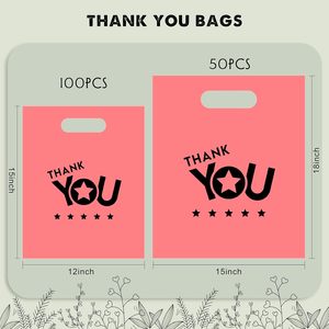 Sacs de courses en plastique « Merci » 12x15 po avec poignée découpée, taille moyenne, pour cadeaux, vente au détail et fêtes - Product Image 3