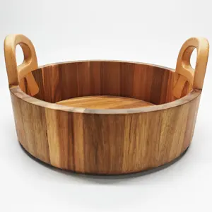 Hot Selling Wholesale Acacia Wood Square Breakfast Serving Tray with Handles non-slip wooden food serving tray