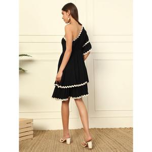 Solid Rayon Tiered Layered Short <b>Dress</b> for Women's One Shoulder Bell Layered Sleeves Fit & Flared Above Knee Length <b>Dress</b> Summer - Product Image 2