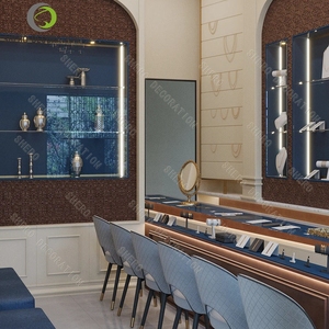 Vitrine à bijoux moderne en verre bleu avec éclairage LED, idéale pour la décoration de bijouterie. - Product Image 1