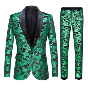 Costumes deux pièces printemps automne pour hommes blazers à paillettes en velours vert à paillettes florales blazers de <span class=keywords><strong>mariage</strong></span> veste de costume pour <span class=keywords><strong>DJ</strong></span> et chanteurs - Product Image 1