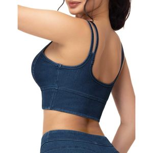 FOXA Crop top en jean pour femme, col en V, rembourré, à bretelles, soutien-gorge de yoga extensible et actif, camisole - Product Image 2