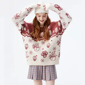 성인용 크리스마스 스웨터 남여 공용 뜨개질 패턴 풀오버 스웨터 자카드 크루넥 풀오버