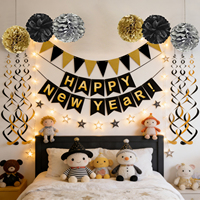 640426 Silvester-Party-Dekorationsset: Schwarz, Gold und Silber, sowie Banner mit der Aufschrift "Frohes Neues Jahr" für eine glamouröse Feier
