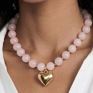 Collar de Piedras Naturales Estilo Playa de Verano, Collar con Colgante de Corazón de Cuarzo <span class=keywords><strong>Rosa</strong></span> y Turquesa <span class=keywords><strong>Grande</strong></span> para Mujer, Joyería Fina - Product Image 3