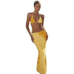 Ensemble bikini 3 pièces FOXA pour femme, haut triangle à nouer, string et jupe de plage moulante imprimée numériquement en Spandex et Polyester - Product Image 1