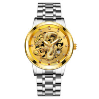 Vente chaude 20mm Alliage En Acier Inoxydable Hommes Montre À Quartz Squelette Dragon Conception Lumineux Calendrier Cadran Verre Étanche